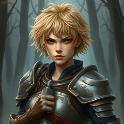 A beautifully painted portrait of a female axe fighter in full armor with short, frizzy, and messy honey beige-colored hair