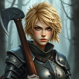 A beautifully painted portrait of a female axe fighter in full armor with short, frizzy, and messy honey beige-colored hair