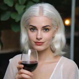 Photograph of a 30-year-old, average-built girl with white hair, holding a glass of wine. Her long square proportional facial features include dimples in the cheeks, bow lips, large black eyebrows, smooth medium green eyes, and swarthy skin