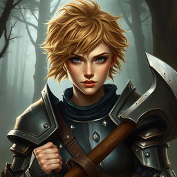 A beautifully painted portrait of a female axe fighter in full armor with short, frizzy, and messy honey beige-colored hair