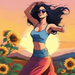 Draw a woman with long black hair, exuberant breasts, wearing sunglasses, dancing with a sunflower during a beautiful sunset