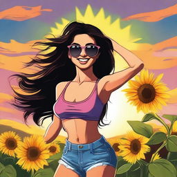 Draw a woman with long black hair, exuberant breasts, wearing sunglasses, dancing with a sunflower during a beautiful sunset