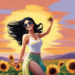 Draw a woman with long black hair, exuberant breasts, wearing sunglasses, dancing with a sunflower during a beautiful sunset