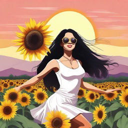 Draw a woman with long black hair, exuberant breasts, wearing sunglasses, dancing with a sunflower during a beautiful sunset