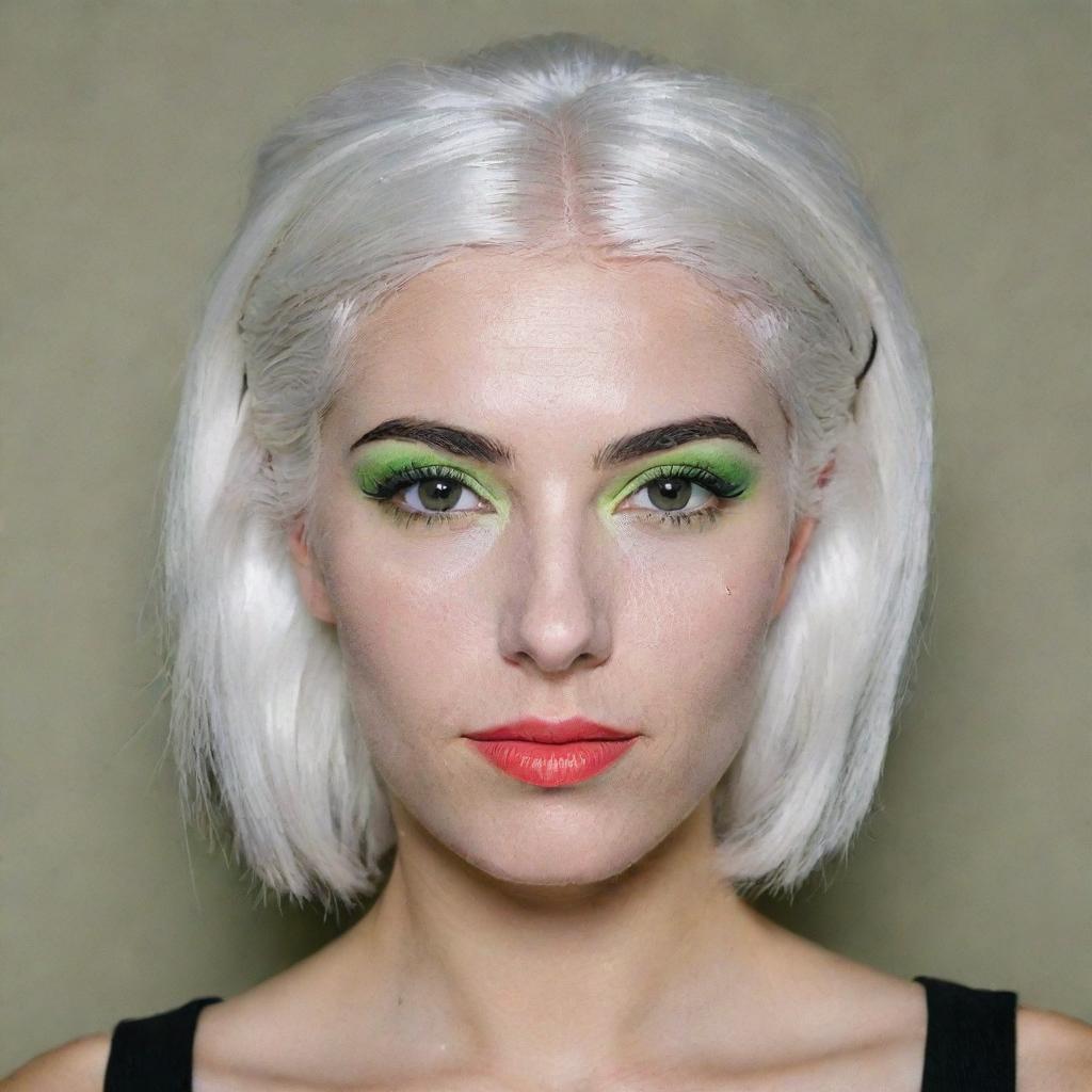 Photograph of a 30-year-old, average-built girl with white hair and bright makeup. Her distinct facial features include long square proportional face, dimples in the cheeks, bow lips, large black eyebrows, smooth medium green eyes, and a swarthy skin complexion