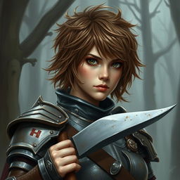 A beautifully painted portrait of a female axe fighter in full armor with short, frizzy, and messy brown-colored hair