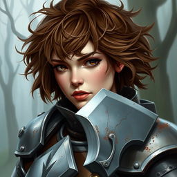 A beautifully painted portrait of a female axe fighter in full armor with short, frizzy, and messy brown-colored hair