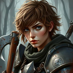 A beautifully painted portrait of a female axe fighter in full armor with short, frizzy, and messy brown-colored hair