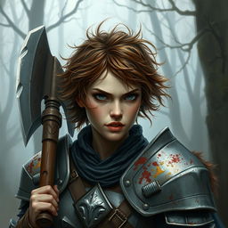 A beautifully painted portrait of a female axe fighter in full armor with short, frizzy, and messy brown-colored hair