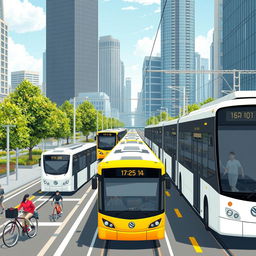 Create an image of a modern urban transportation system featuring a mix of buses, trams, and bicycles