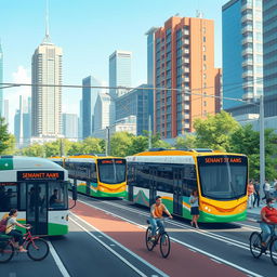 Create an image of a modern urban transportation system featuring a mix of buses, trams, and bicycles