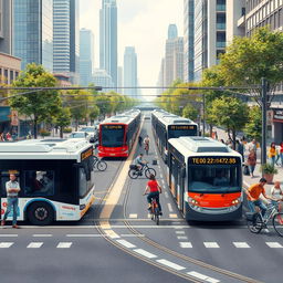 Create an image of a modern urban transportation system featuring a mix of buses, trams, and bicycles