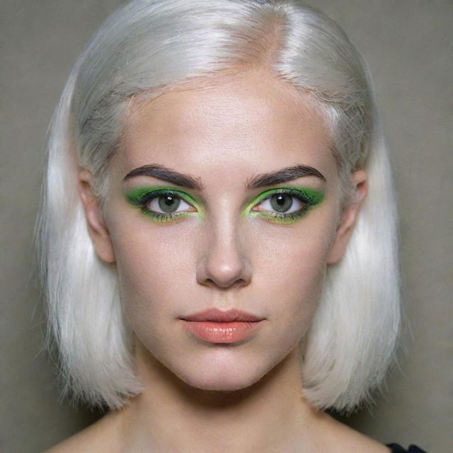 Photograph of a 30-year-old, average-built girl with white hair and bright makeup. Her distinct facial features include long square proportional face, dimples in the cheeks, bow lips, large black eyebrows, smooth medium green eyes, and a swarthy skin complexion