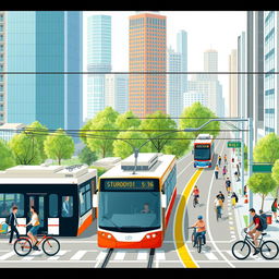 Create an image of a modern urban transportation system featuring a mix of buses, trams, and bicycles