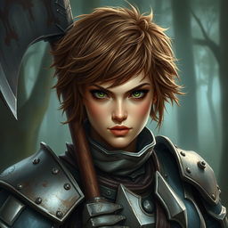 A beautifully painted portrait of a female axe fighter in full armor with short, frizzy, and messy brown-colored hair