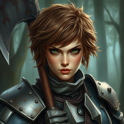 A beautifully painted portrait of a female axe fighter in full armor with short, frizzy, and messy brown-colored hair