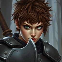 A beautifully painted portrait of a female axe fighter in full armor with short, frizzy, and messy brown-colored hair