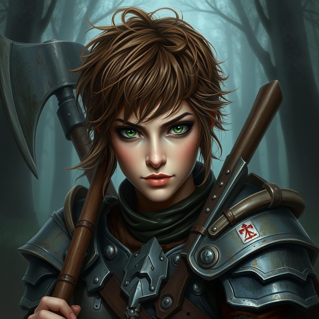 A beautifully painted portrait of a female axe fighter in full armor with short, frizzy, and messy brown-colored hair