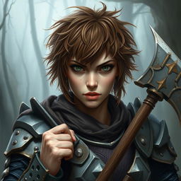 A beautifully painted portrait of a female axe fighter in full armor with short, frizzy, and messy brown-colored hair