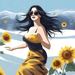 Draw a woman with long black hair, exuberant breasts, wearing sunglasses, dancing with a sunflower in the snow