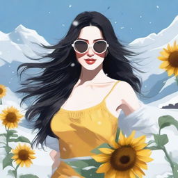 Draw a woman with long black hair, exuberant breasts, wearing sunglasses, dancing with a sunflower in the snow