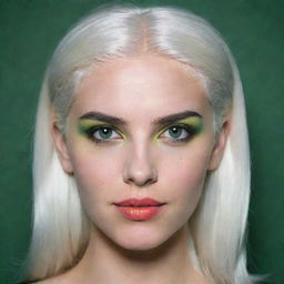 Photograph of a 30-year-old, average-built girl with white hair and bright makeup. Her distinct facial features include long square proportional face, dimples in the cheeks, bow lips, large black eyebrows, smooth medium green eyes, and a swarthy skin complexion