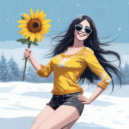 Draw a woman with long black hair, exuberant breasts, wearing sunglasses, dancing with a sunflower in the snow