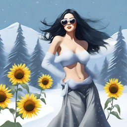 Draw a woman with long black hair, exuberant breasts, wearing sunglasses, dancing with a sunflower in the snow