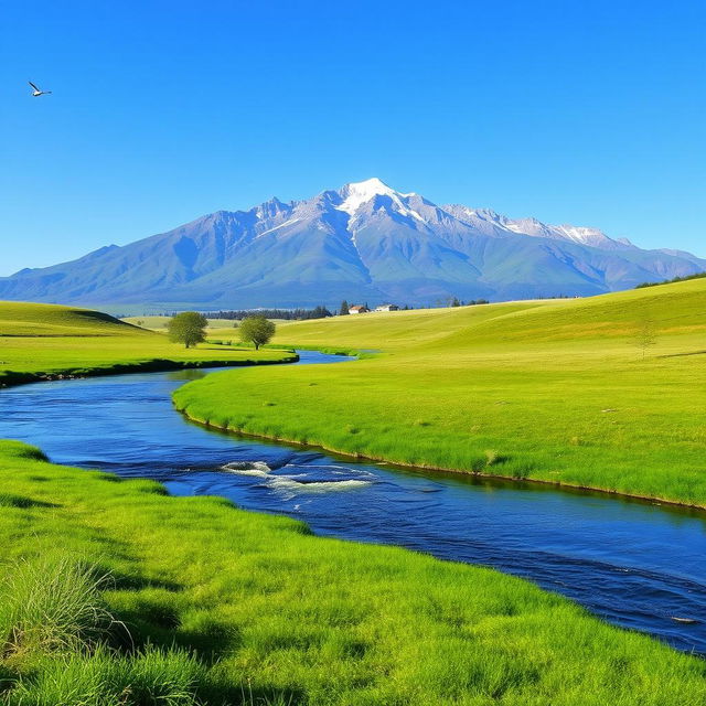 A serene landscape featuring a clear blue sky, a gentle river flowing through green meadows, and a majestic mountain range in the background