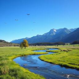 A serene landscape featuring a clear blue sky, a gentle river flowing through green meadows, and a majestic mountain range in the background