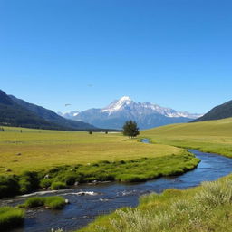 A serene landscape featuring a clear blue sky, a gentle river flowing through green meadows, and a majestic mountain range in the background