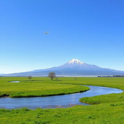 A serene landscape featuring a clear blue sky, a gentle river flowing through green meadows, and a majestic mountain range in the background