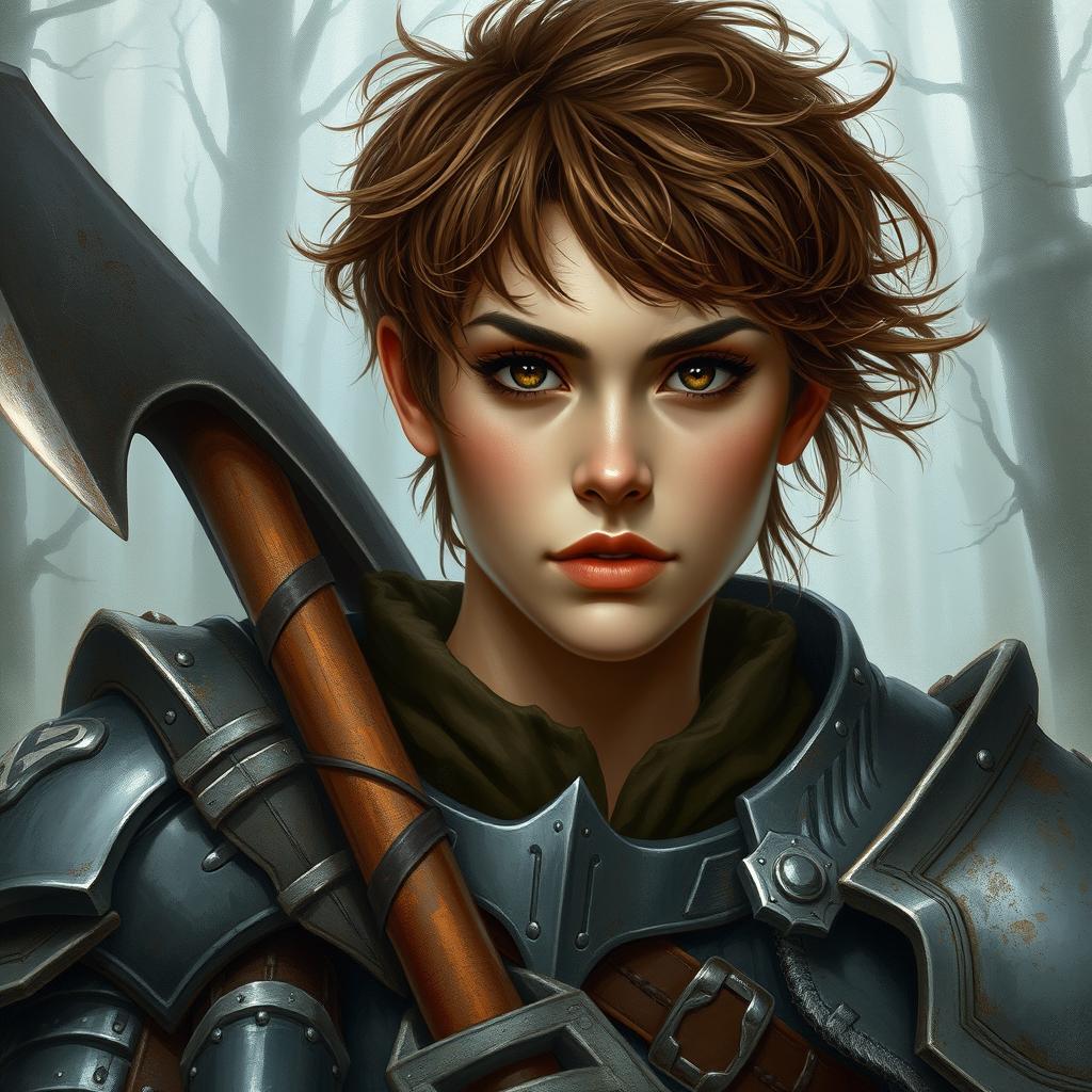 A beautifully painted portrait of a female axe fighter in full armor with short, frizzy, brown-colored hair