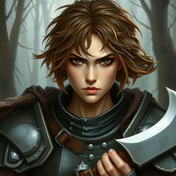 A beautifully painted portrait of a female axe fighter in full armor with short, frizzy, brown-colored hair