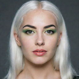 Photograph of a 30-year-old, average-built girl with white hair and bright makeup. Her distinct facial features include long square proportional face, dimples in the cheeks, bow lips, large black eyebrows, smooth medium green eyes, and a swarthy skin complexion