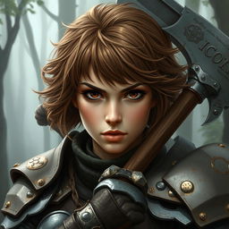 A beautifully painted portrait of a female axe fighter in full armor with short, frizzy, brown-colored hair