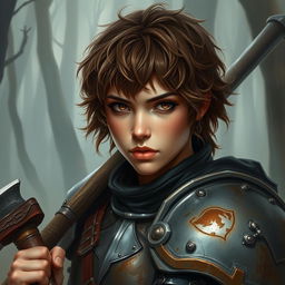 A beautifully painted portrait of a female axe fighter in full armor with short, frizzy, brown-colored hair