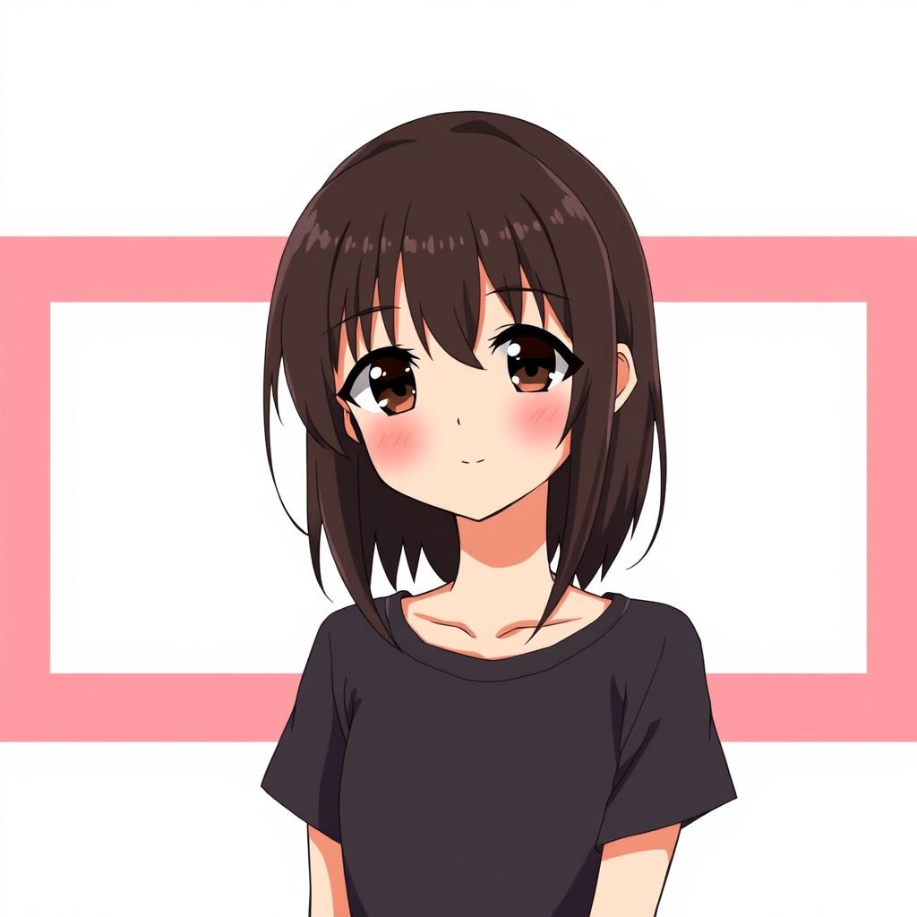 A single anime-style girl with middle length dark brown hair, wearing a t-shirt, and having dark brown eyes