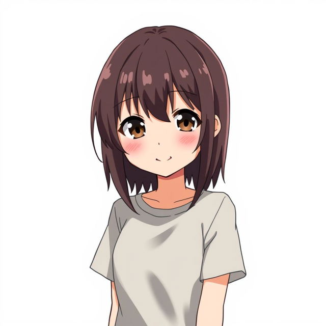 A single anime-style girl with middle length dark brown hair, wearing a t-shirt, and having dark brown eyes