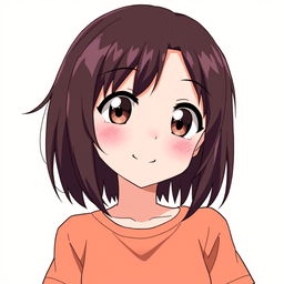 A single anime-style girl with middle length dark brown hair, wearing a t-shirt, and having dark brown eyes