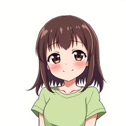 A single anime-style girl with middle length dark brown hair, wearing a t-shirt, and having dark brown eyes