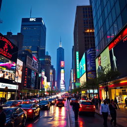 A vibrant downtown cityscape at night, featuring illuminated skyscrapers, bustling streets with cars, and people walking on sidewalks