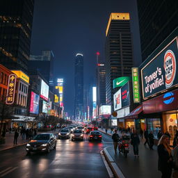 A vibrant downtown cityscape at night, featuring illuminated skyscrapers, bustling streets with cars, and people walking on sidewalks