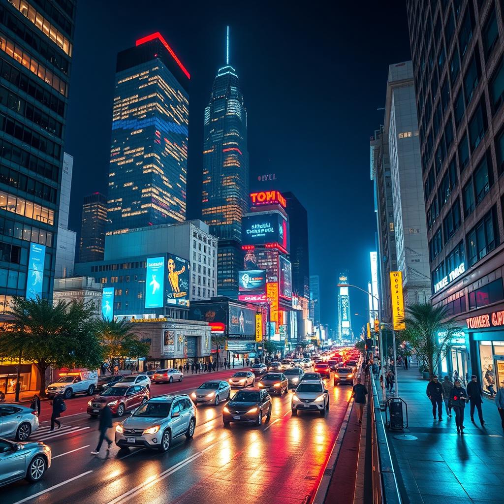 A vibrant downtown cityscape at night, featuring illuminated skyscrapers, bustling streets with cars, and people walking on sidewalks