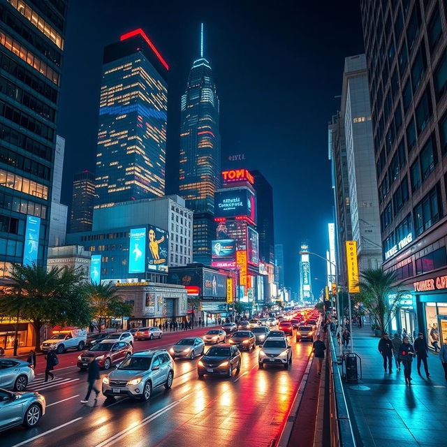 A vibrant downtown cityscape at night, featuring illuminated skyscrapers, bustling streets with cars, and people walking on sidewalks