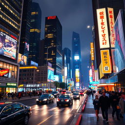 A vibrant downtown cityscape at night, featuring illuminated skyscrapers, bustling streets with cars, and people walking on sidewalks