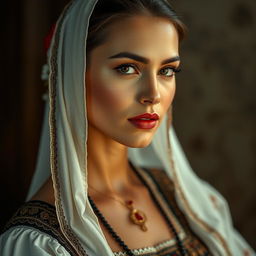 A portrait of a Bosnian woman dressed in traditional attire, with a sensual and captivating gaze