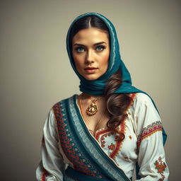 A portrait of a Bosnian woman dressed in traditional attire, with a sensual and captivating gaze