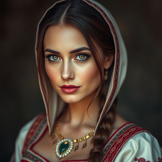 A portrait of a Bosnian woman dressed in traditional attire, with a sensual and captivating gaze