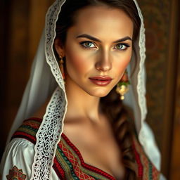 A portrait of a Bosnian woman dressed in traditional attire, with a sensual and captivating gaze